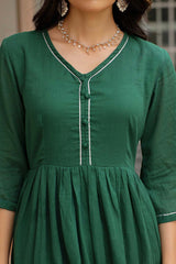 Bottle Green Cotton Solid V-Neck Anarkali Suit Set