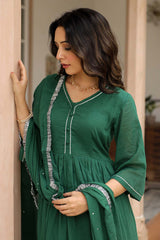 Bottle Green Cotton Solid V-Neck Anarkali Suit Set