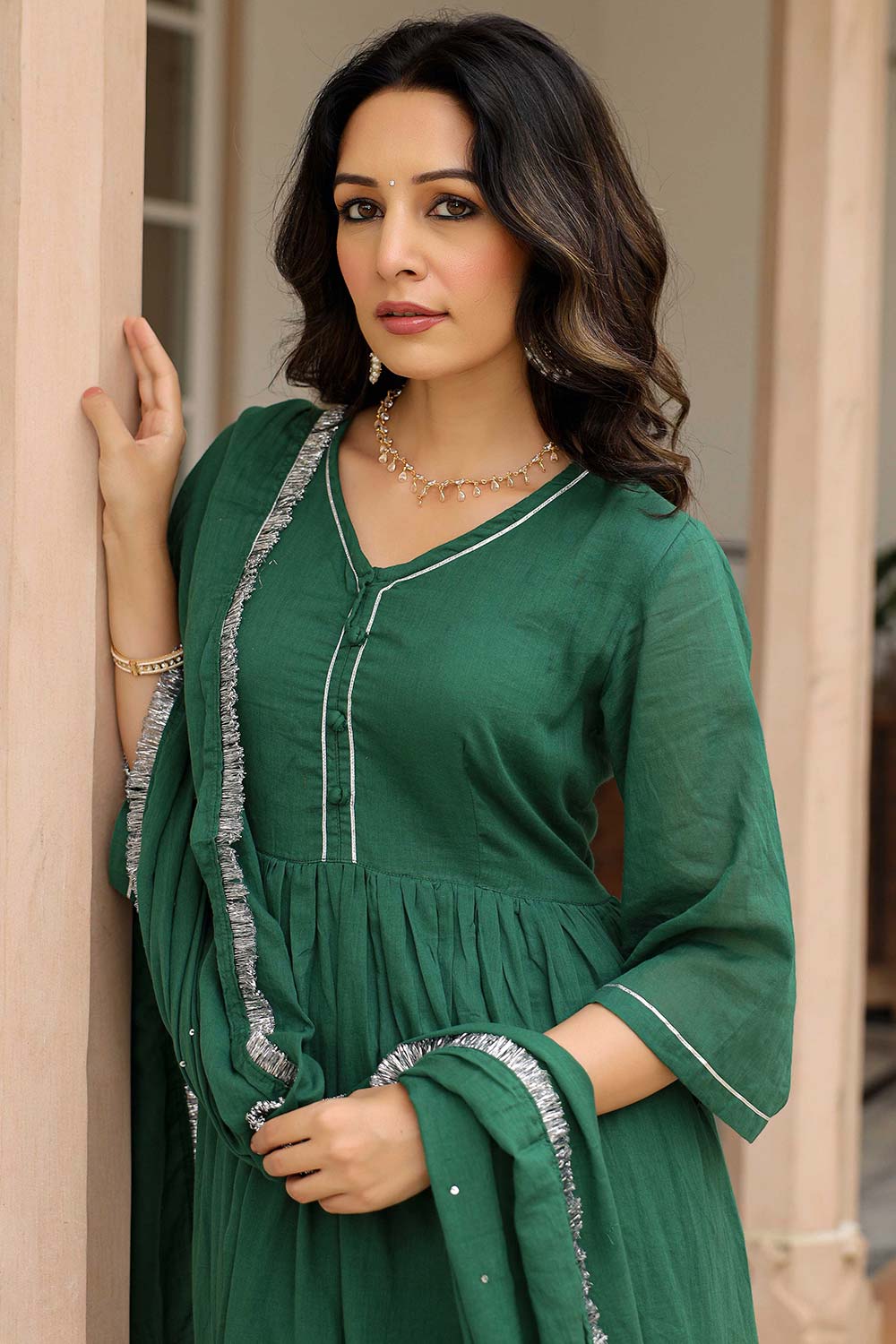 Bottle Green Cotton Solid V-Neck Anarkali Suit Set