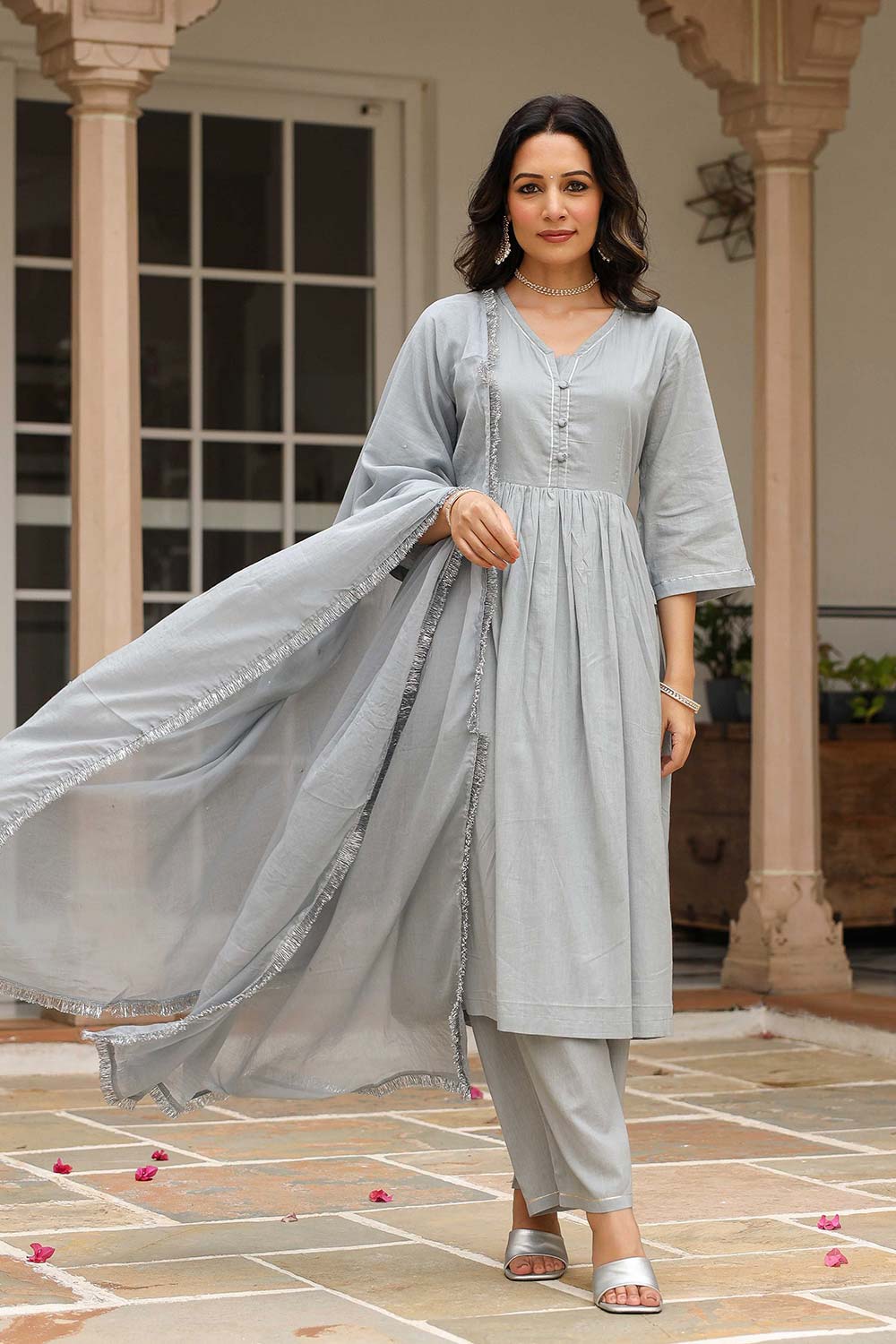 Grey Cotton Solid V-Neck Anarkali Suit Set