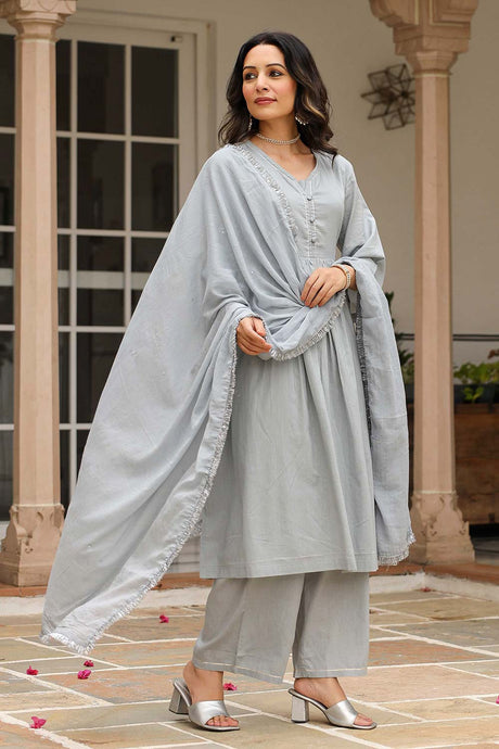 Grey Cotton Solid V-Neck Anarkali Suit Set