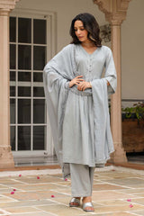 Grey Cotton Solid V-Neck Anarkali Suit Set