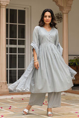 Grey Cotton Solid V-Neck Anarkali Suit Set