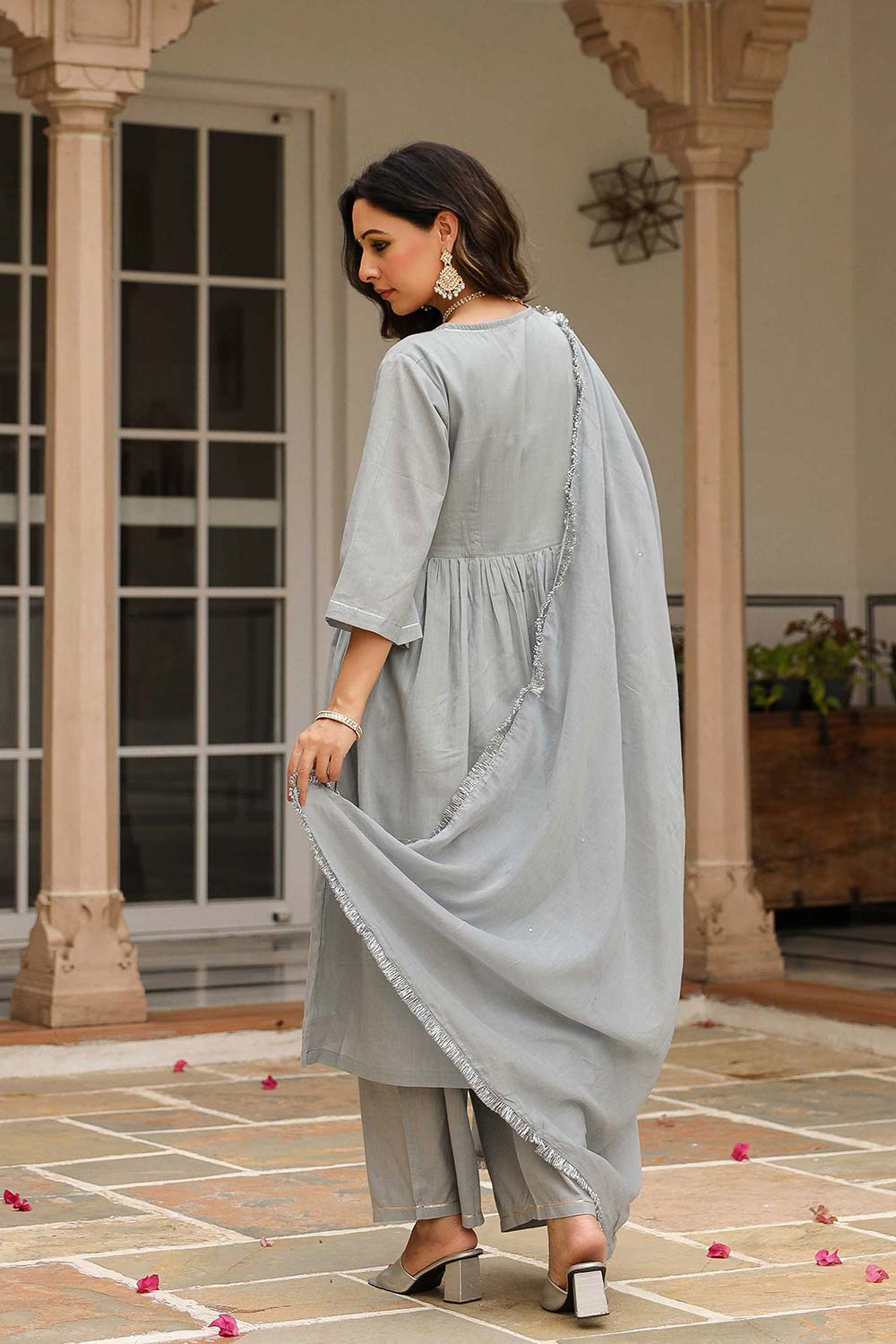 Grey Cotton Solid V-Neck Anarkali Suit Set