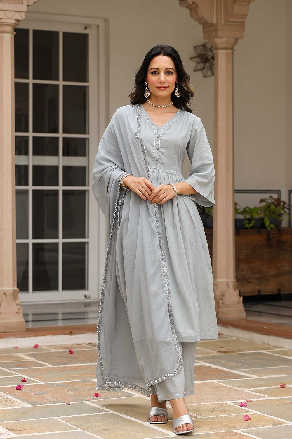 Grey Cotton Solid V-Neck Anarkali Suit Set