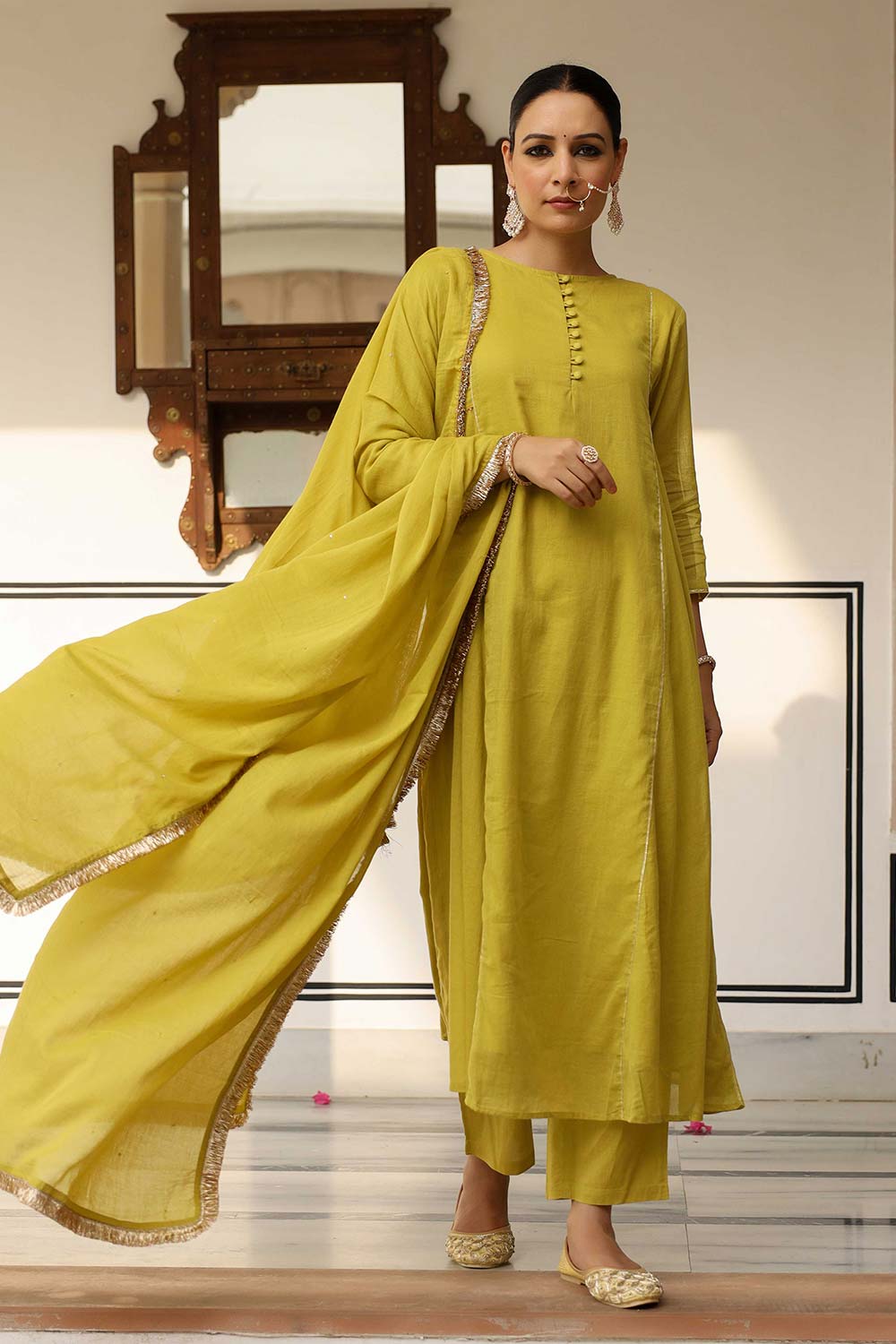 Greenish Yellow Cotton Solid Boat Neck Anarkali Suit Set