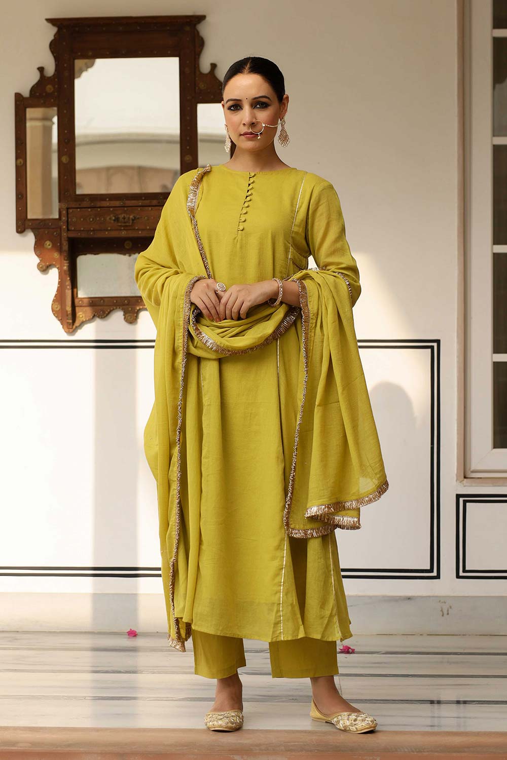 Greenish Yellow Cotton Solid Boat Neck Anarkali Suit Set