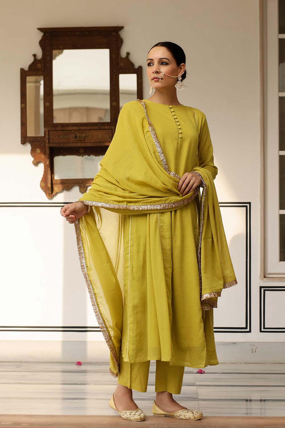 Greenish Yellow Cotton Solid Boat Neck Anarkali Suit Set