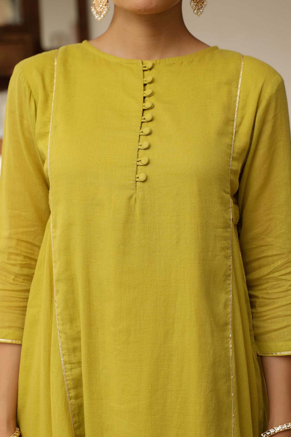 Greenish Yellow Cotton Solid Boat Neck Anarkali Suit Set