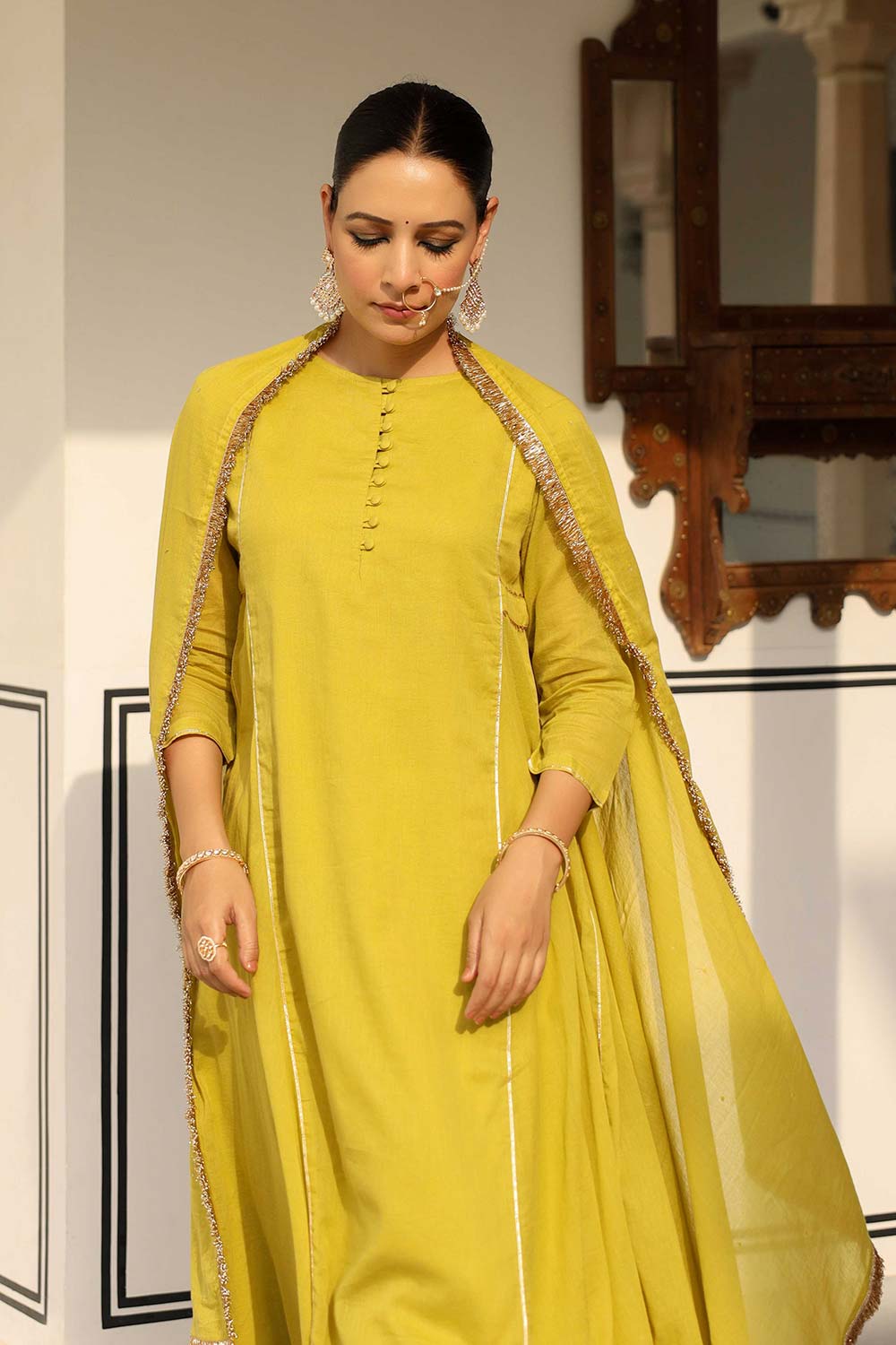 Greenish Yellow Cotton Solid Boat Neck Anarkali Suit Set