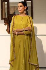 Greenish Yellow Cotton Solid Boat Neck Anarkali Suit Set