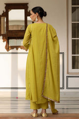 Greenish Yellow Cotton Solid Boat Neck Anarkali Suit Set