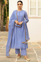 Lavender Blue Cotton Solid Boat Neck Anarkali Suit Set