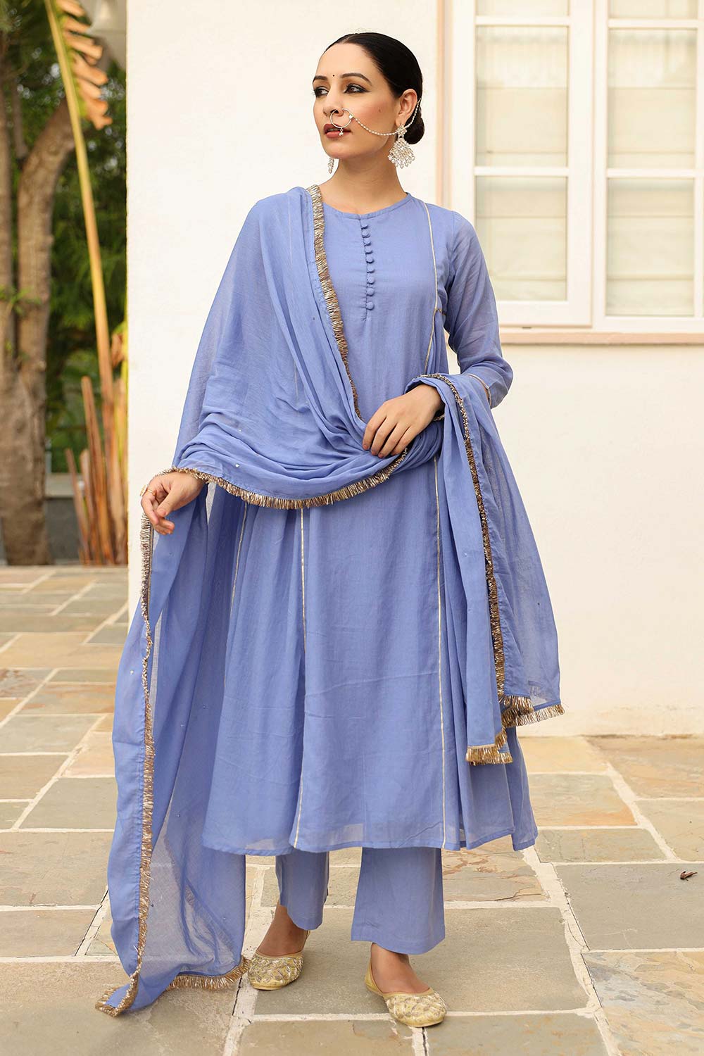 Lavender Blue Cotton Solid Boat Neck Anarkali Suit Set