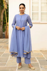 Lavender Blue Cotton Solid Boat Neck Anarkali Suit Set