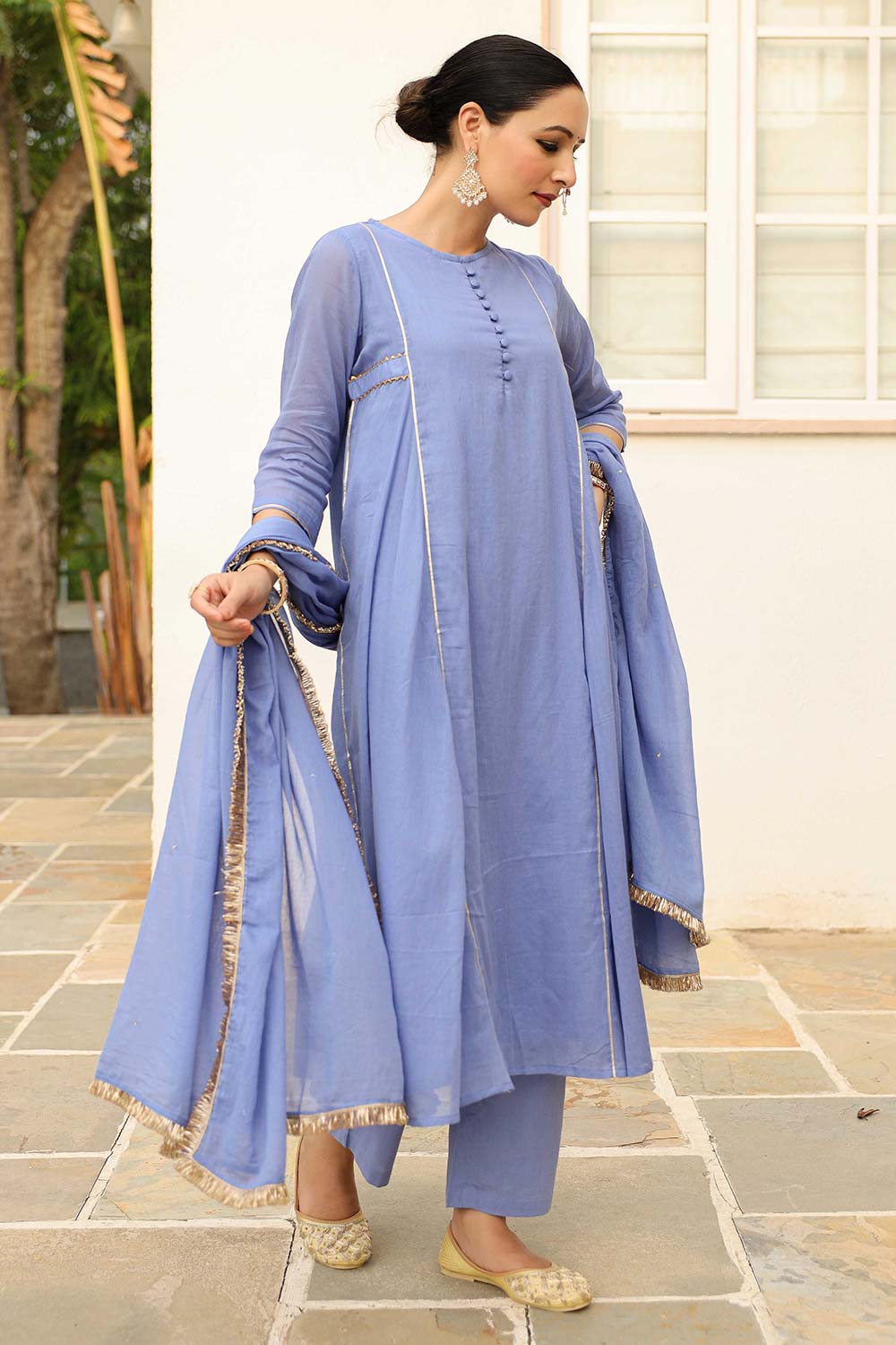 Lavender Blue Cotton Solid Boat Neck Anarkali Suit Set