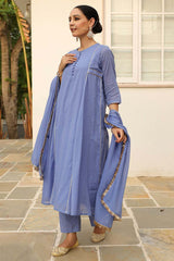 Lavender Blue Cotton Solid Boat Neck Anarkali Suit Set