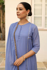 Lavender Blue Cotton Solid Boat Neck Anarkali Suit Set