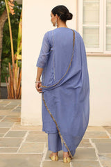 Lavender Blue Cotton Solid Boat Neck Anarkali Suit Set