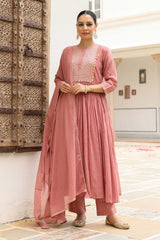 Dusty Pink Cotton Solid Round Neck Anarkali Suit Set