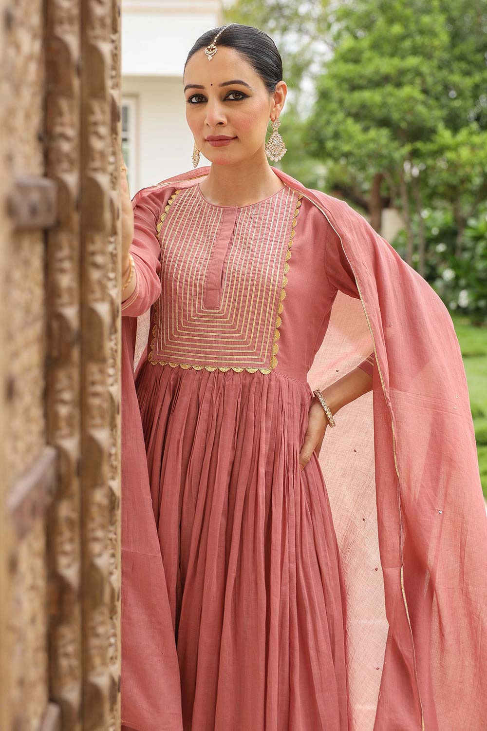 Dusty Pink Cotton Solid Round Neck Anarkali Suit Set