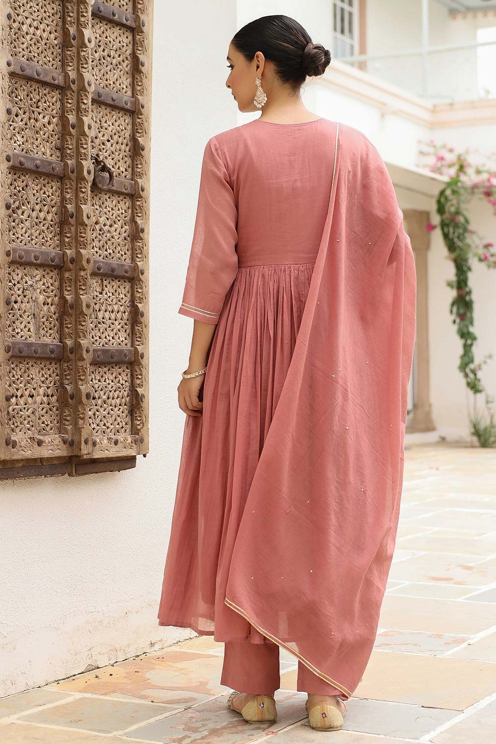 Dusty Pink Cotton Solid Round Neck Anarkali Suit Set