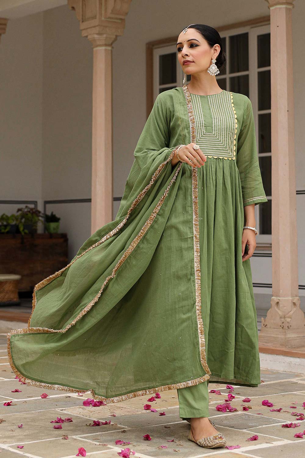 Light Green Cotton Solid Round Neck Anarkali Suit Set