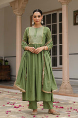 Light Green Cotton Solid Round Neck Anarkali Suit Set