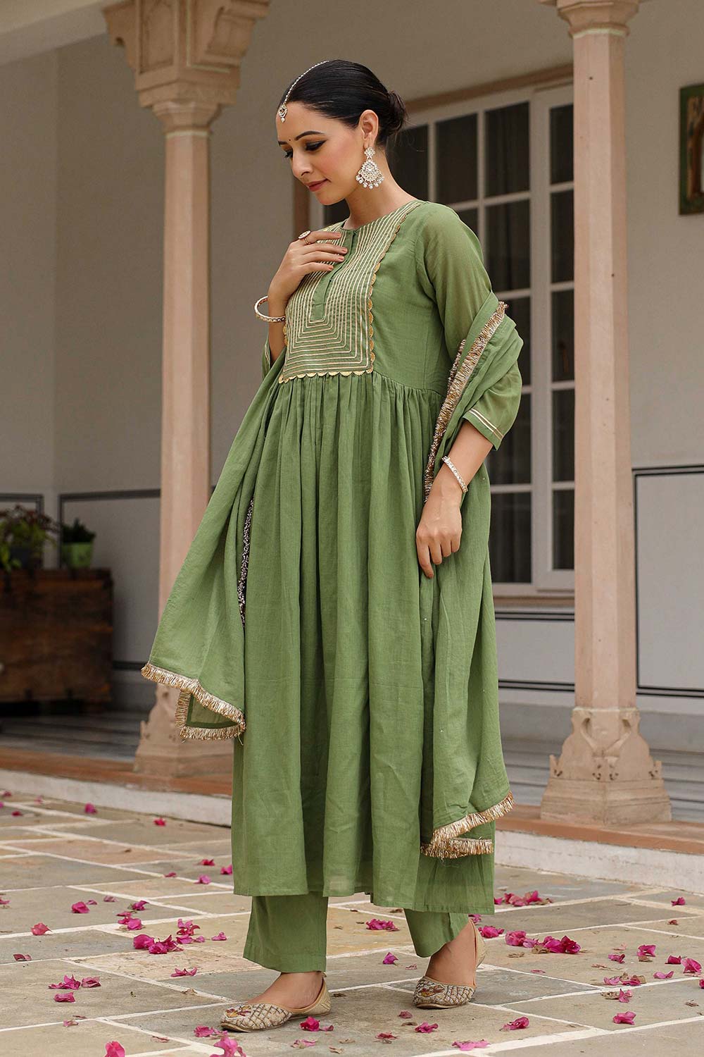 Light Green Cotton Solid Round Neck Anarkali Suit Set