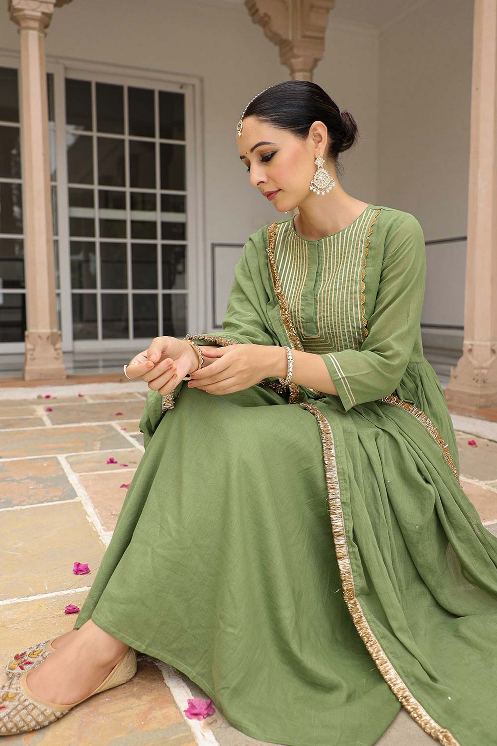 Light Green Cotton Solid Round Neck Anarkali Suit Set