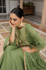 Light Green Cotton Solid Round Neck Anarkali Suit Set