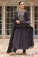 Black Cotton Solid Round Neck Anarkali Suit Set