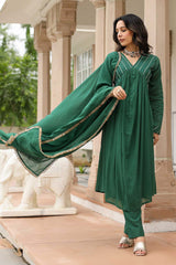 Bottle Green Cotton Solid V-Neck Anarkali Suit Set