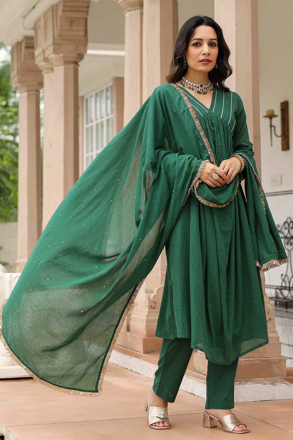 Bottle Green Cotton Solid V-Neck Anarkali Suit Set