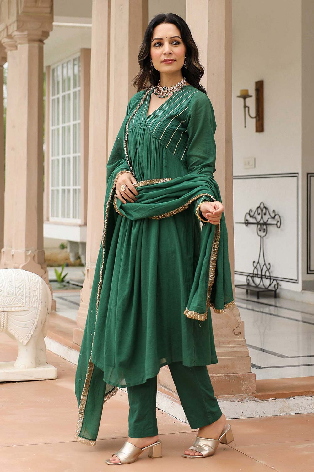 Bottle Green Cotton Solid V-Neck Anarkali Suit Set