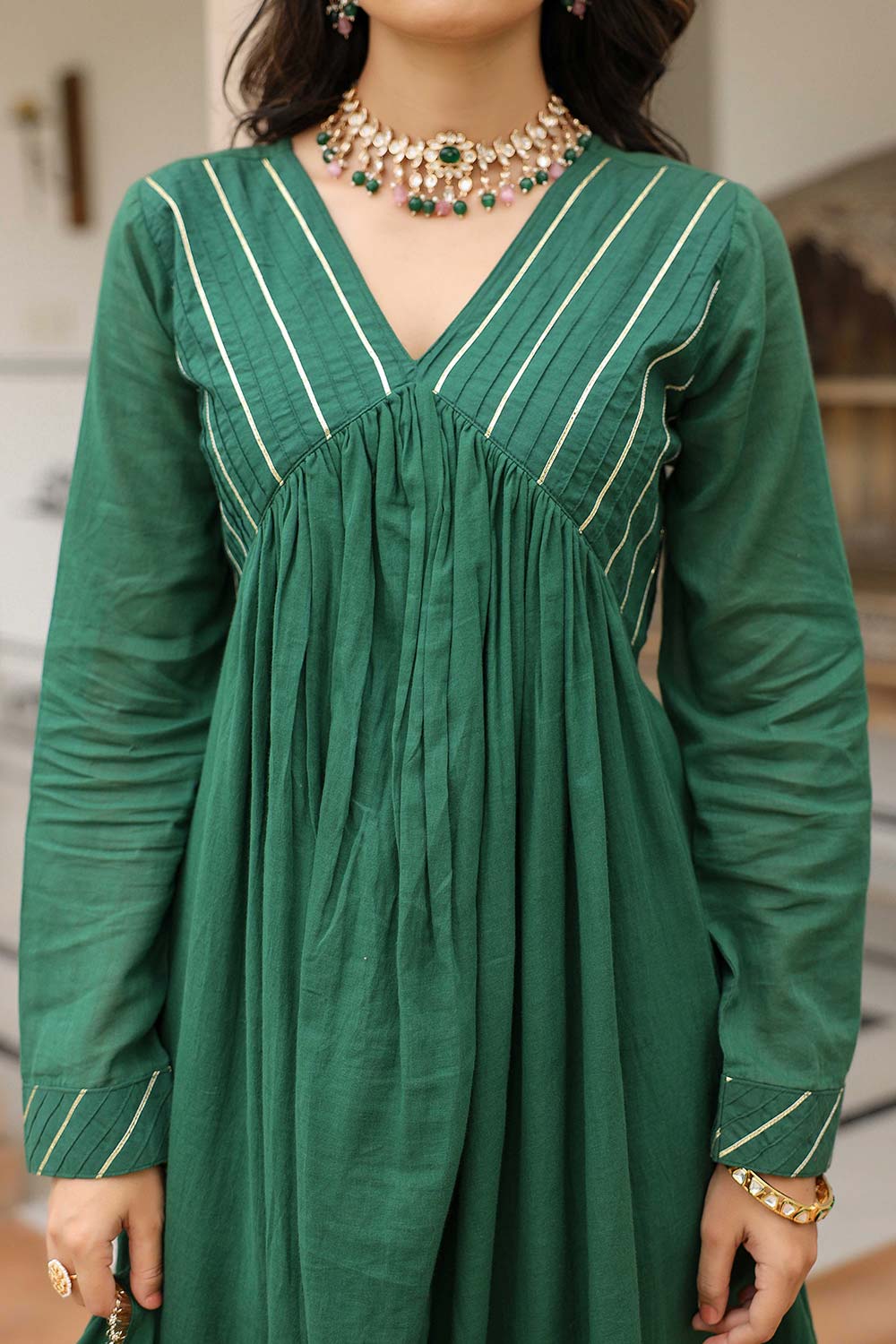 Bottle Green Cotton Solid V-Neck Anarkali Suit Set