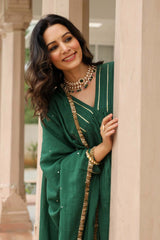 Bottle Green Cotton Solid V-Neck Anarkali Suit Set