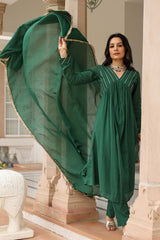 Bottle Green Cotton Solid V-Neck Anarkali Suit Set