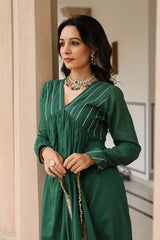 Bottle Green Cotton Solid V-Neck Anarkali Suit Set