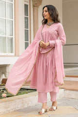 Baby Pink Cotton Solid V-Neck Anarkali Suit Set