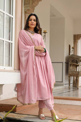 Baby Pink Cotton Solid V-Neck Anarkali Suit Set