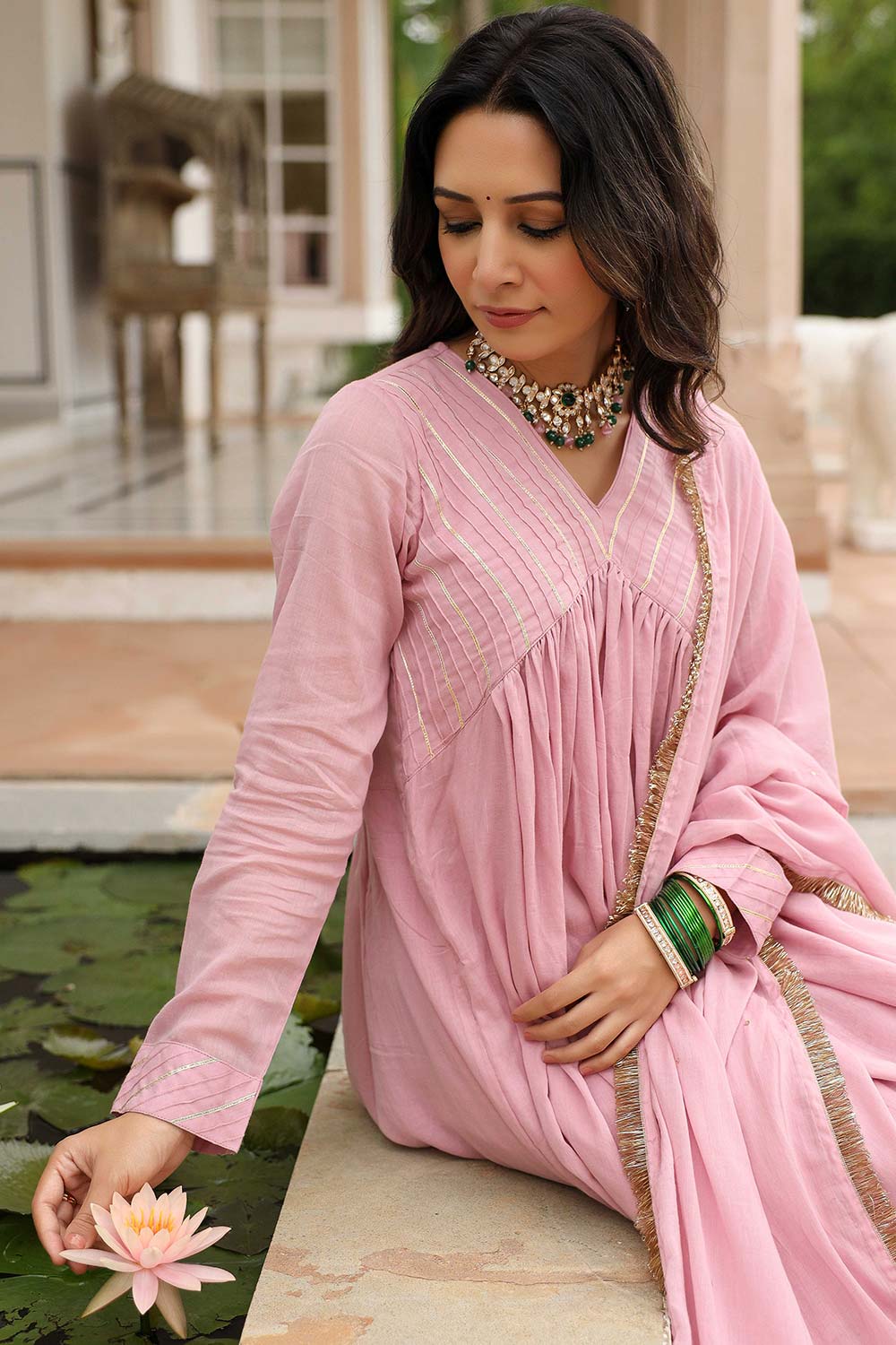 Baby Pink Cotton Solid V-Neck Anarkali Suit Set