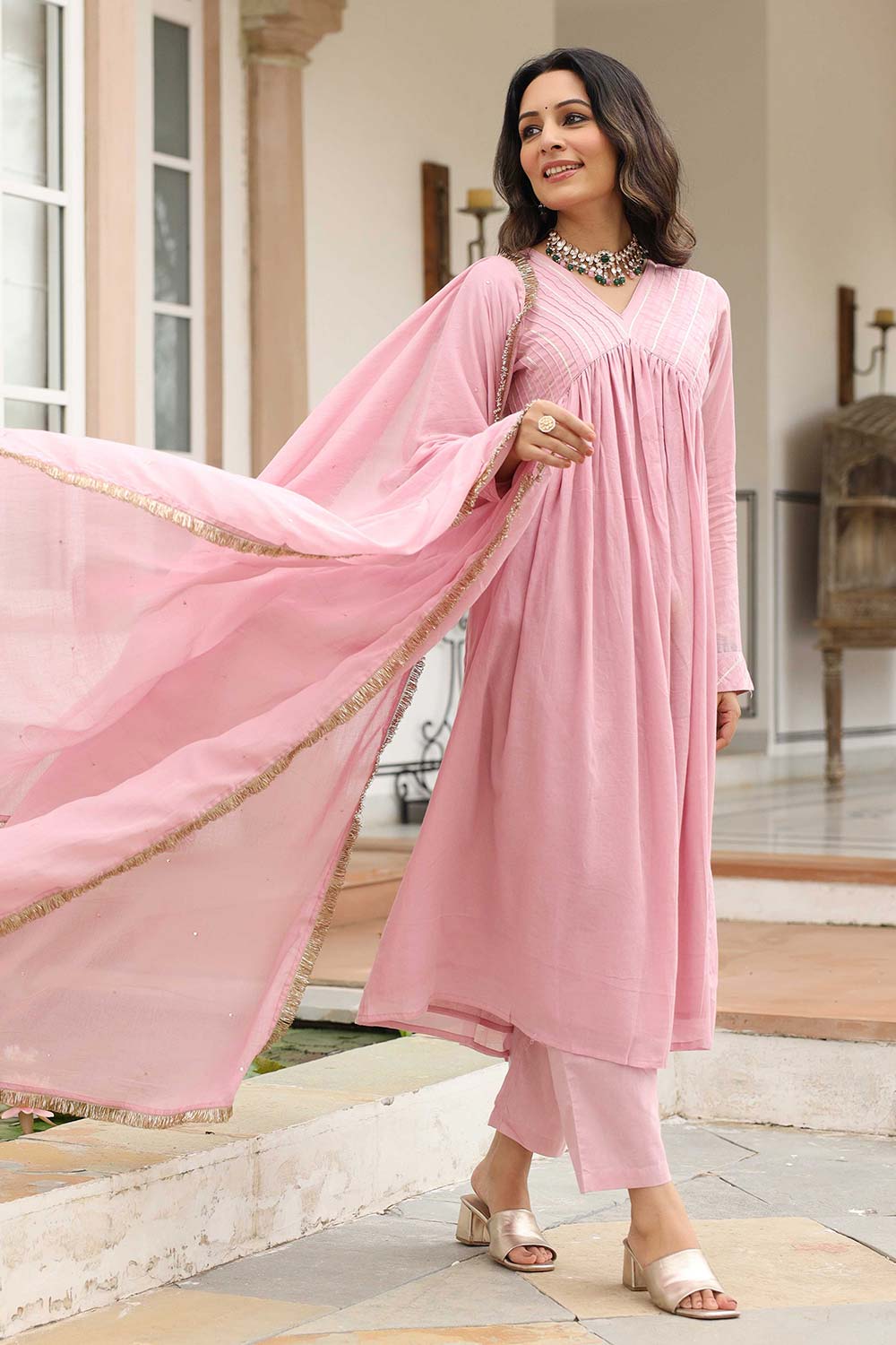 Baby Pink Cotton Solid V-Neck Anarkali Suit Set