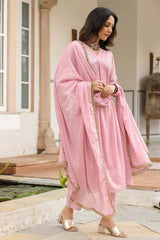 Baby Pink Cotton Solid V-Neck Anarkali Suit Set