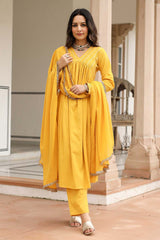 Mustard Cotton Solid V-Neck Anarkali Suit Set