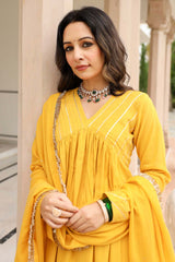 Mustard Cotton Solid V-Neck Anarkali Suit Set