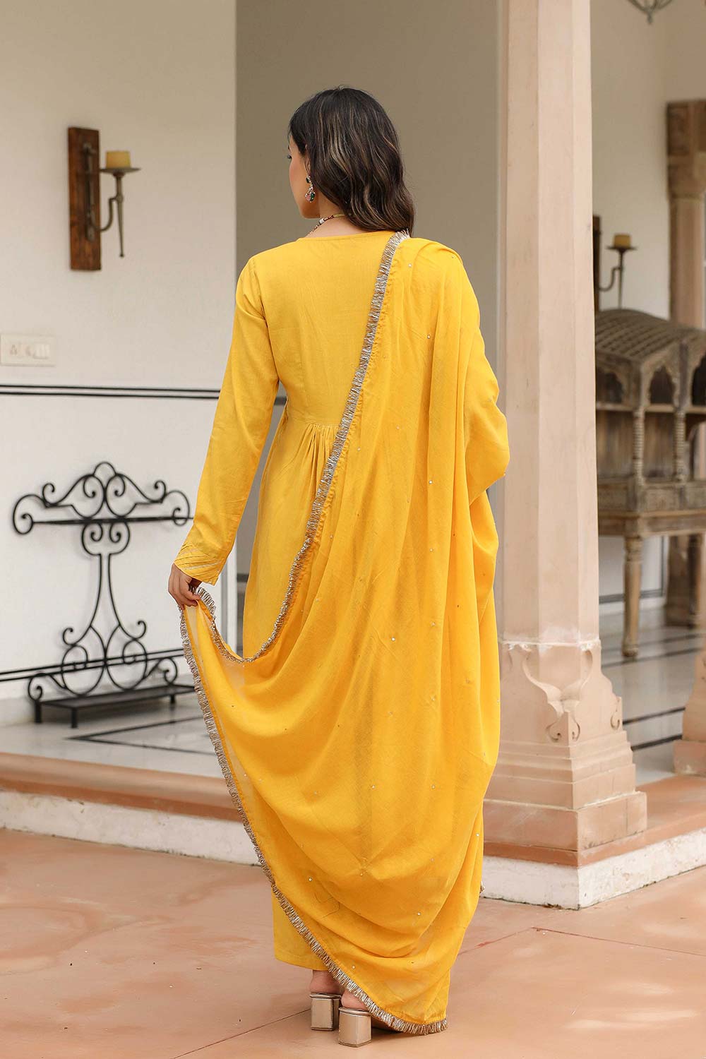 Mustard Cotton Solid V-Neck Anarkali Suit Set