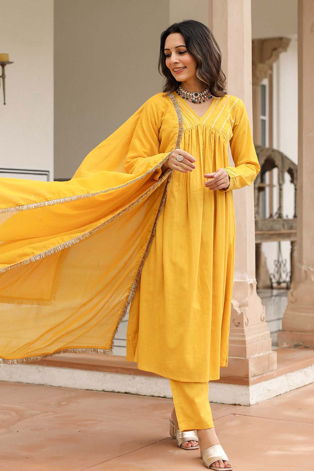 Mustard Cotton Solid V-Neck Anarkali Suit Set