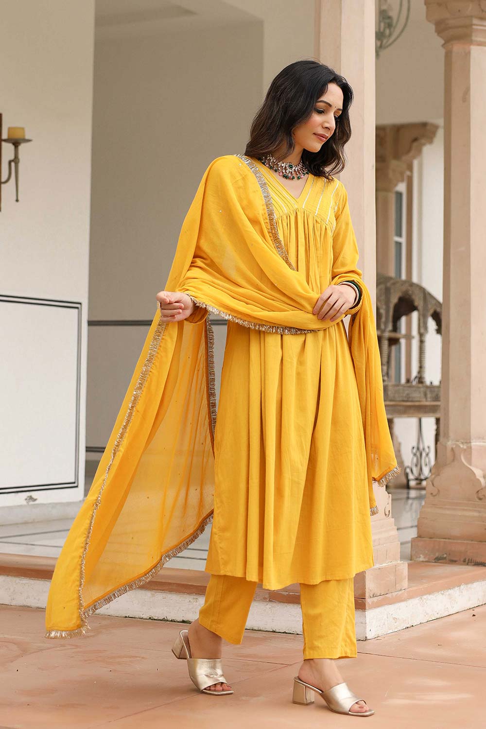 Mustard Cotton Solid V-Neck Anarkali Suit Set