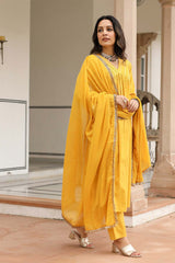 Mustard Cotton Solid V-Neck Anarkali Suit Set